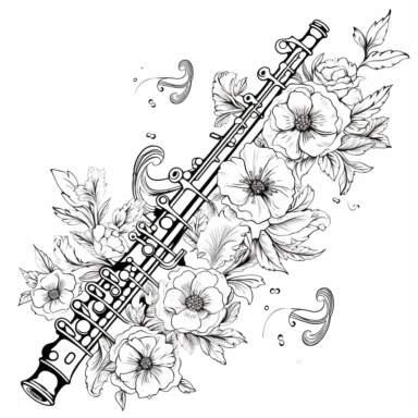 vector clipart graphic of a transverse flute with musical and floral ornaments, colouring book, white background