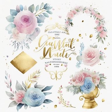 watercolor marriage anniversary clipart collection, white background, white, pink, blue and gold illustrations