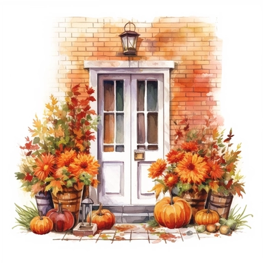 vector watercolor cute Fall Autumn vintage red brick Autumn porch with fall autumn flowers decor clipart on white background, fall, vintage holiday autumn porch, photorealistic, ultrarealistic, no background, on white