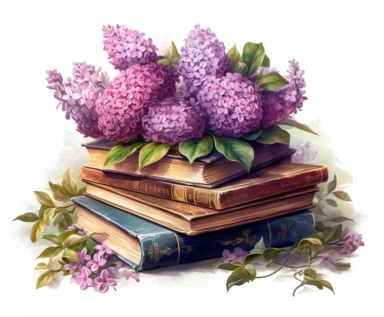 isolated on white illustration watercolor art of a stack of vintage books with beautiful embossed spines, lilac bush, flowers, spring time, meadow, masterpiece by Hans Zatzka style and by Vladimir Kush style and by Ivan Fedorovich Choultse style, Baroque fashion, PNG clipart, isolated on white, extreme photorealistic details, 32k HD resolution, realistic high detailization high resolution