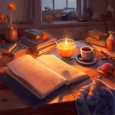 book has a clippable book light clipped on top of the book creating a warm amber light ,a serene book reading session of a couple really interested in their reading, with soothing reading atmosphere, blanket, cup of tea, shelf of books lustration, digital art with a warm and vibrant color palette,