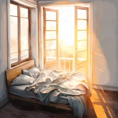 The morning sunlight shines into the window, and there is a bed in the room with oil paintings, White background, Clip Art Style