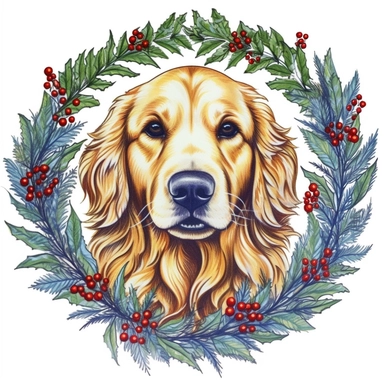 Cool Christmas Leafs Circle happy golden Retriever wearing christmas lights, illustration, 16k, T - shirt design, T - shirt graphic, retro vintage style, circle. extremely detailed, clipart seperated on a white background, incredibly high detail