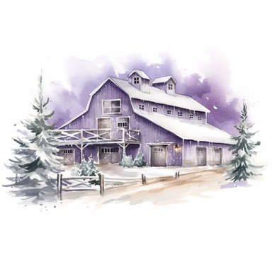 vector watercolor close up purple and silver winter christmas barn decorated in Christmas style decor in winter clipart on white background, close up view, winter christmas barn, purple and silver Christmas color scheme, photorealistic, ultrarealistic, no background, on white