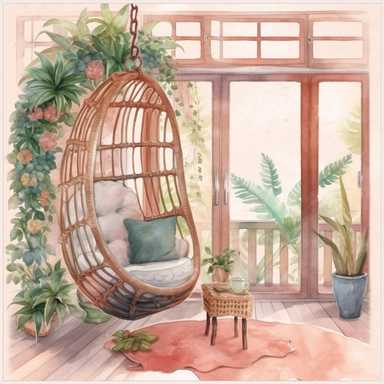 cozy Cottage Watercolor pink, brown, and green with watercolor effects, bright colors, Floral Southport Patio Egg Swing Chair A cozy reading nook with a huge window that lets in cinematic daylight plants emerge from it clipart png 4k, 8k