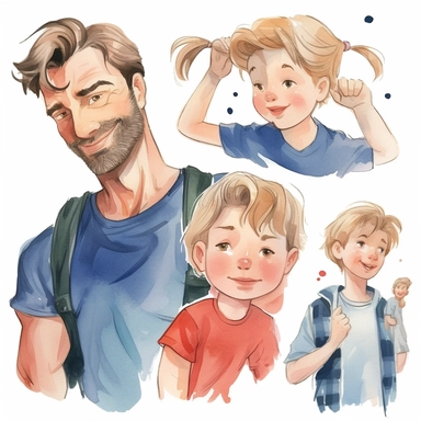 watercolor kids love for their dad, illustrations clipart set, simple, , cartoon elements , father's day elements, good anatomy and beautiful faces, handsome faces, different variants , separate elements with a margin