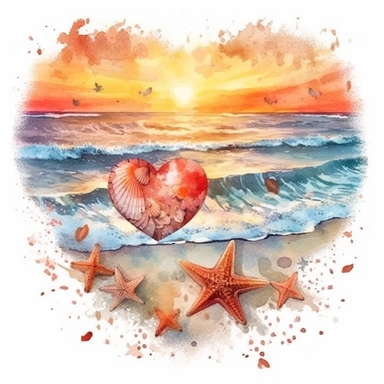 Retro Heart Beach Sunset Watercolor Clipart, Watercolor Beach Sunset in a Heart Shape Clipart, Beach Clipart, sand, starfish, Watercolor Clipart, highly detailed, plain white background 8k