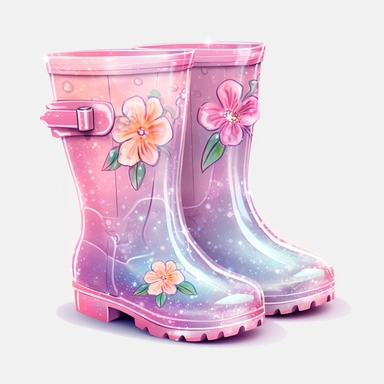 Watercolour illustrated animated cartoon style iridescent glitter pastel pink baby wellies top front view with flowers around them intricately detailed animated pastel pink welly boots , PNG image,transparent background ,ultra highly detailed, 18k, sharp focus, bright photo with vibrant colours, digitally enhanced, enhanced graphics, png format, straight, sharp focus, bright lighting, intricate detailed png image ,high definition,300dpi,graphic clipart,computer graphics