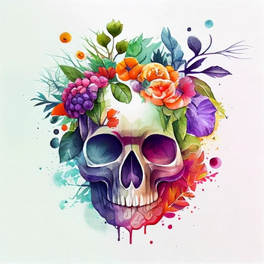 watercolor floral skull for halloween and day of the dead design, white background, watercolor ,cartoon illustration , extremely detailed,cartoon, clipart, white background, 8k, hd