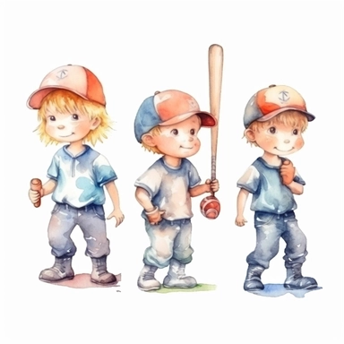 Watercolor cute little baseball players , illustrations clipart set, simple, christmas colors , cartoon elements ,different variants , separate elements with a margin, 4k, high resolution