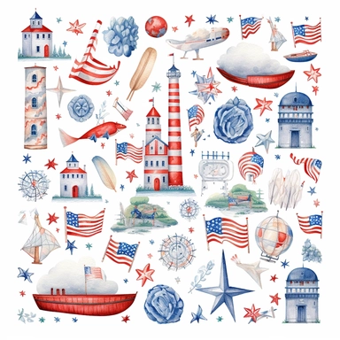 american theme clipart, independence day, in the style of dreamy watercolor scenes, detailed miniatures, free brushwork, pictorial fabrics, pattern, founding fathers sticker art style, patriotic american colors, white backround