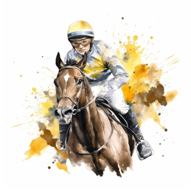 ace horse, with jockey, with yellow flowers water color, white backhround, clipart