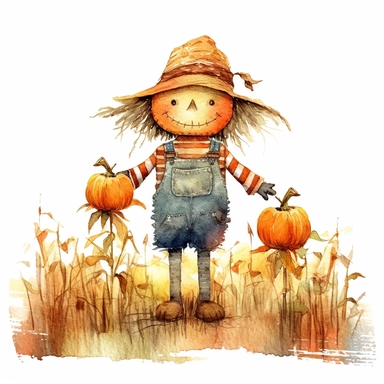 Halloween scarecrow in a pumpkin patch, full color, knitted painting texture, Perfect for nursery art and children's book illustration style, simple, cute, full color, clipart, watercolor illustration, single object, high definition 8k,white background for removing background - - no text shadow font watermark