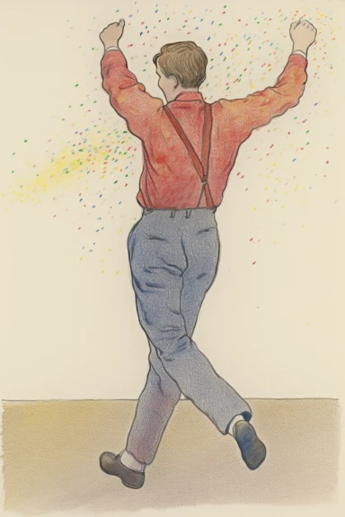 clipart, drawn in colored pencil, rear view of a young man dancing happily, Artist by Grandma Moses