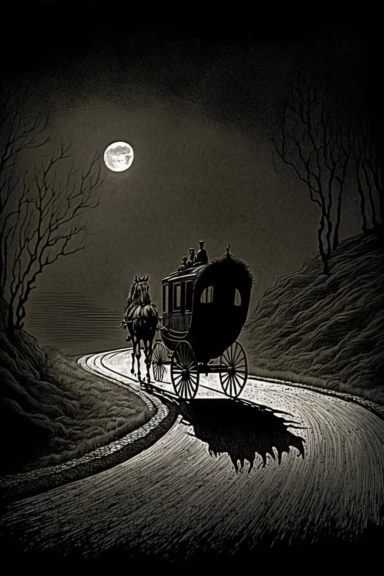 clipart of brown carriage drawn by horses in the distance on winding road on black background, Eerie magazine, Edward gorey, John William Waterhouse, beksinski