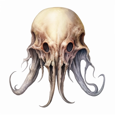 cary face of a demonic squid skull looking head on, watercolor, ultra high-detail, dark outlines, hyperrealism, white background, clipart