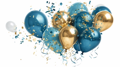 Create an art style image of vibrant blue and shiny gold balloons clipart by artist christinereidhe with sparkling glitters and mesmerizing foil confetti falling on a white background.