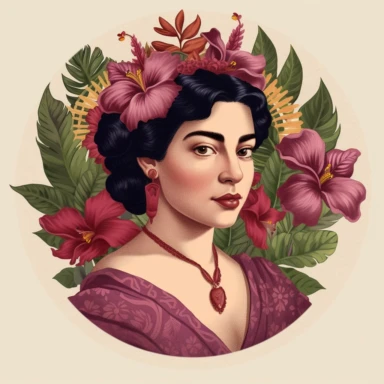 mexican woman with a Hibiscus mahagony meets botanical vintage themed clipart with goodess like with a Hibiscus