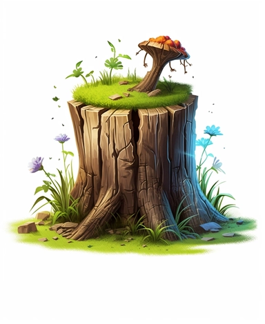 cartoon-style, 3d, realistic, tree stump with grass, clip art,