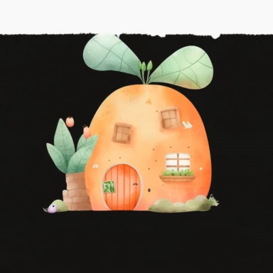 , a cute carrot house illustration clipart, minimal, watercolor style, orange pastel, on white background, by connieartwork, 8k, high resolution