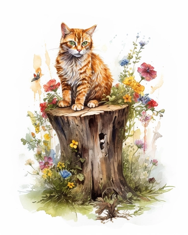 Watercolor Painting of ginger cat sitting on stump surrounded by wild Texas Flowers, on white background good anatomy, DETAILED ILLUSTRATION, Flemish Baroque, Rococo, white background, Intricate Detailed, Soft Light Effect, Oil Paint Strokes, Light Academia Aesthetic Flowers, Lighting cinematic, all shown shimmering stamens, tyndall light, texture, colorful, 8k, fantasy, ray tracing, vivid, spectacular lighting, octane rendering, highly detailed, ultra - realistic, white background, clipart, sur