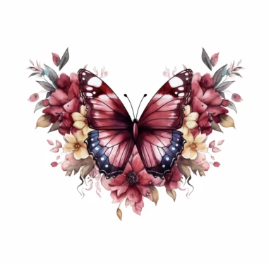 maroon butterfly on a flower border clipart, white background, watercolor, vector