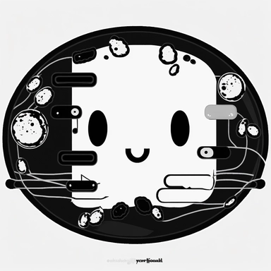 clipart of a cute computer pill, full of circuits and cables and electronic components. Beautiful, flat, cute manga style, black and white, round image borders