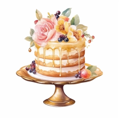 clipart, isolated on white background, Watercolor cake with flowers and berries, gold pallette, ornated, pastel colors