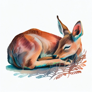 a colorful watercolor detailed illustration of a sleeping doe, clipart, digital art, white background