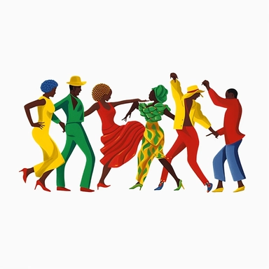 a group of black people jazz dancing, dressed in red, green and yellow, the sugar shack Ernie Barnes art, juneteeth clipart, watercolor art, faceless, minimalist clipart, white background
