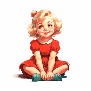 vintage happy little girl wearing red dress sitting on the floor clipart full body, for childish cards, illustration style, on white background, extremely detailed, 4k