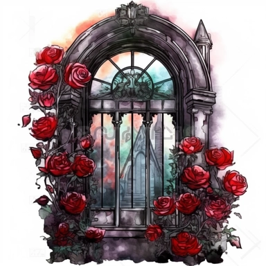a gothic victorian window, overgrown with very big red roses beautifully designed, clear view on a victorian city, in the style of dark intense colors, watercolor, clipart, white background