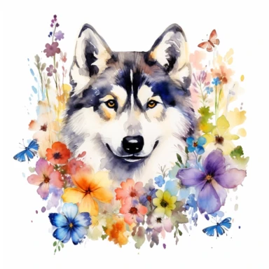 a vibrant watercolor clipart image of a dog Siberian Husky with a white background, surrounded by colorful flowers and butterflies.