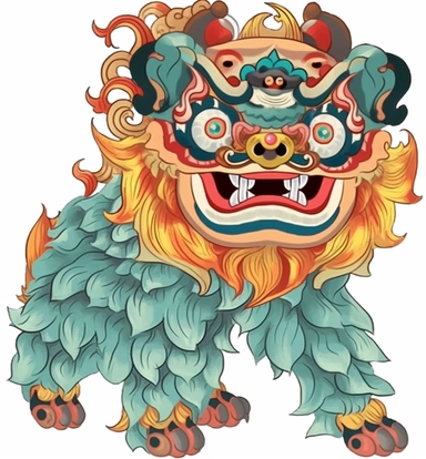 lion animal chinese lion png clipart, lion, in the style of mexican folklore-inspired, light yellow and azure, light brown and light azure, colorized, dark teal and light red, collage-like, chinese painting