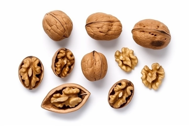 Walnut half isolate. Peeled walnut on white. Walnut nut top view. Set with clipping path. Full depth of field.
