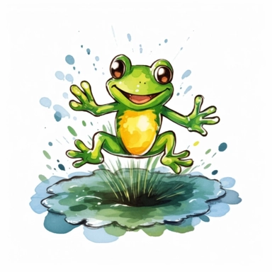 Watercolor smiling Frog jumping off a lily pad cartoon style , Frog clipart, simple style