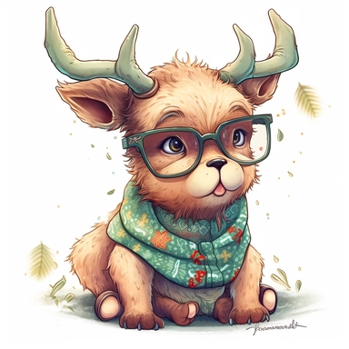 kawaii adorable fantasy baby elk wearing cute glasses, nursery art, clipart image, line art image, white background, inspired by yoshitaka amano art, very detailed, 8k