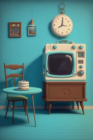 Stunning art of room landscape, happy birthday cake, minimalism, bright colors, old antique tv , walls , clock, table , chair , clip art, blue brown black and white color