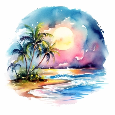 Under the watchful gaze of the moon, a mesmerizing holographic beach emerges in the depths of night, painted in captivating strokes. watercolor clipart. watercolor clipart. watercolor clipart. With a gentle and natural lighting casting its glow, the colors of this scene emanate a sense of wonder and relaxation. The composition is crafted to offer the best possible view, focusing solely on the ethereal interplay between sand and water. The holographic waves gently lap against the shore, their lum