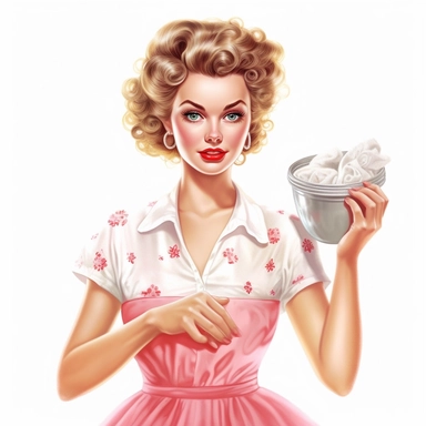 beautiful pretty pin up woman, makeup and hair 50's style, diferent cleaning poses,maid dressed, home stuff in her hands, and a lace on her hair, all in 50's style, paint art style, detail, clipart, white background, superrealistic, one of a kind