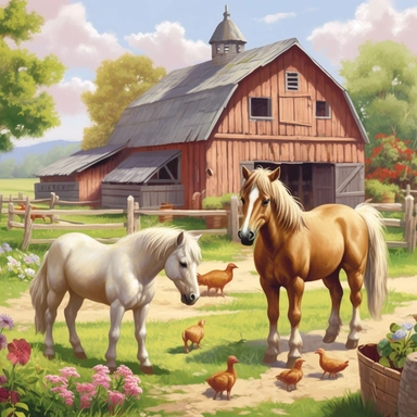 farm scene ponies, horses, clipart