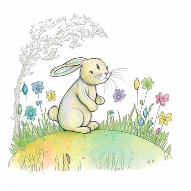 https:funny comic drawn sketch cartoonish cute rabbit on white background, add some easter eggs, artistic painting, easter spring scene, add some flowers, add some butterflies, spring vivid colors, watercolor, clipart, 2d, sketch style, no text, no logo