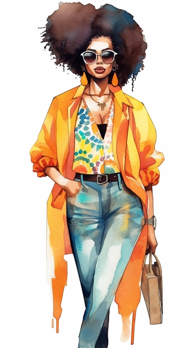 A vibrant watercolor illustration featuring an African American girl with a unique sense of beauty and style. Her hair is depicted with intricate textures and patterns, showcasing her natural beauty. The girl is shown in a fashionable outfit, exuding confidence and elegance. The illustration is in a clipart style, isolated on a clean white background with a resolution of 300dpi and various aspect ratios.