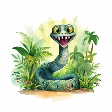 watercolor cartoon happy snake in jungle drawing, illustration clipart, high detailed, white background, digital art