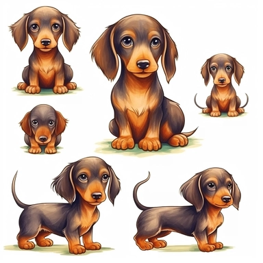 Cute dark brown baby Dachshund clipart set,8k,realistic skin, digital painting, happy expression, running pose, FLUFFY FUR,side view, in the style of watercolor cartoon clipart, high resolution, composition free space, vibrant color scheme, watercolour clipart,isolated white background, clipart most popular on etsy, book illustration, featured on dribble,print on demand image, PNG tranparent background,composition medium shot, no text
