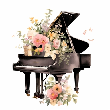baby grand piano spring floral clipart, white background