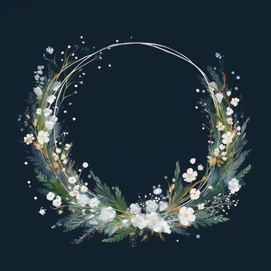 framed by thin border, wide view, central composition, fit in shot, full length, uncropped ,watercolor baby's breath wreathes, clipart, vector, dark background
