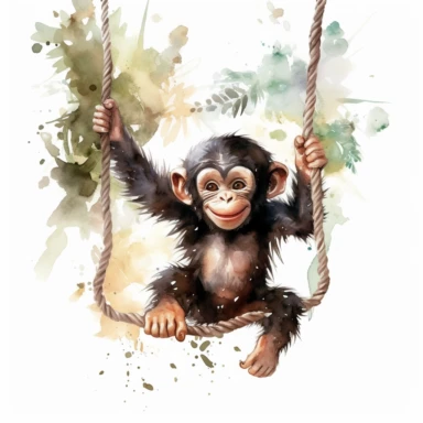 cute chimpanzee, swinging through the jungle with playful enthusiasm, rich watercolor, clipart, on a white background
