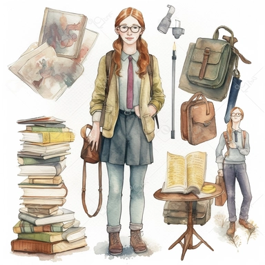 watercolour clipart of a class teacher stuff, full length, high quality, very high details , white background