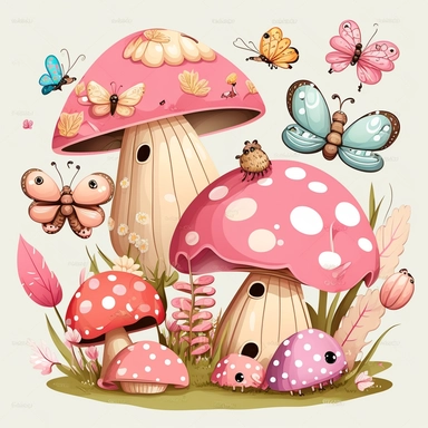 cute pink mushrooms with butterflies birds and bugs in a meadow clipart
